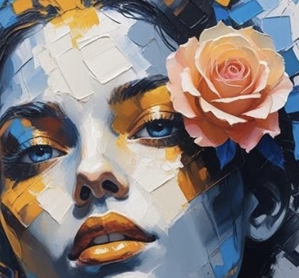 Retrato artístico en azul y naranja